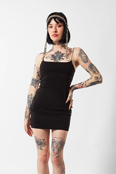 Bak Moda Μαύρο Μίνι Βαμβακερό Φόρεμα - Λεπτές Κρεμάστρες