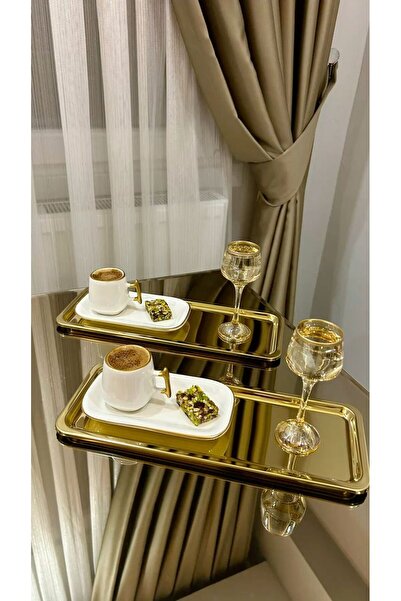 Elk Home PASLANMAZ ÇELİK GOLD RENK 6'LI DİKDÖRTGEN BATON KAHVE TEPSİSİ LÜX SUNUM