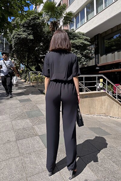 NEW LAVİVA Women's Black Jacket Collar Elastic Waist Jumpsuit - 700-2622