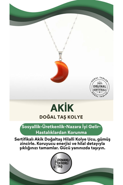OSMANLI DEĞERLİ TAŞ Sertifikalı Akik Doğaltaş Hilalli Kolye Ucu, Gümüş Zincirle Birlikte Ku025