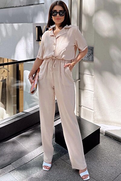 NEW LAVİVA Women's Beige Jacket Collar Elastic Waist Jumpsuit - 700-2622