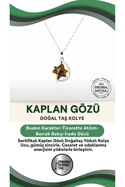 OSMANLI DEĞERLİ TAŞ Sertifikalı Kaplan Gözü Doğaltaş Yıldızlı Kolye Ucu, Gümü...