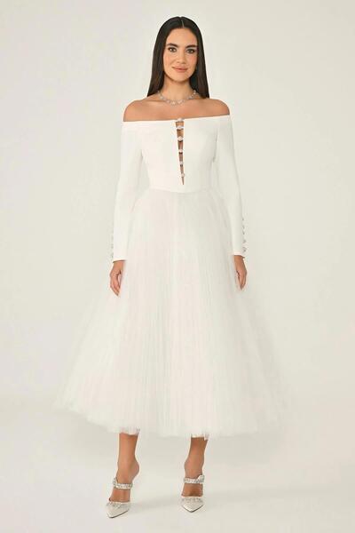 ALFABETA Açık Omuz Düğme Detaylı Kollu Eteği Tül Midi Elbise