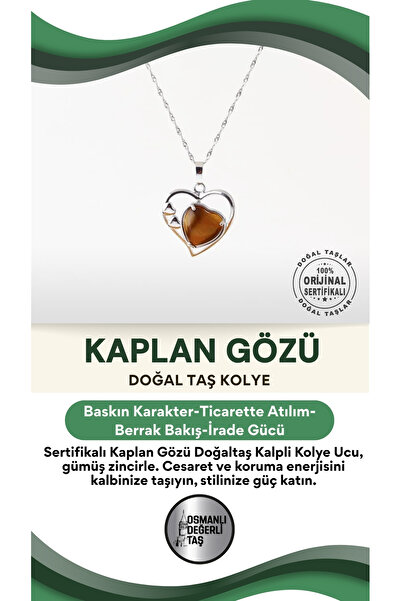 OSMANLI DEĞERLİ TAŞ Sertifikalı Kaplan Gözü Doğaltaş Kalpli Kolye Ucu, Gümüş ...