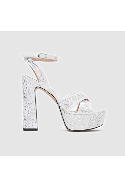TOGO Beyaz Kadın Platform Topuklu Ayakkabı [060231] – Kristal Yüzeyli, Tokalı