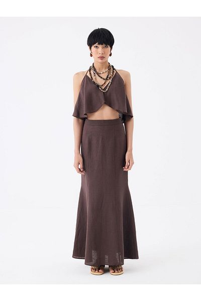 RİVUS Zipper Closure Maxi Linen Skirt - Brown