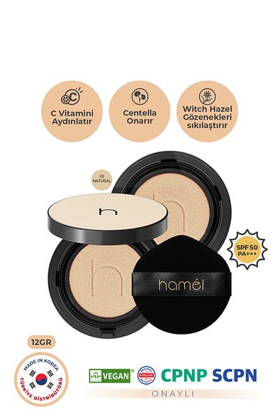 HAMEL Zero Fit Cushion Long Lasting Korean Foundation Spf50+ Pa+++ Natural Finish Refill X2 12g Natural