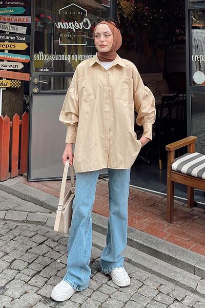 lamelif Cămașă oversize de culoare bej - cu mâneci legate