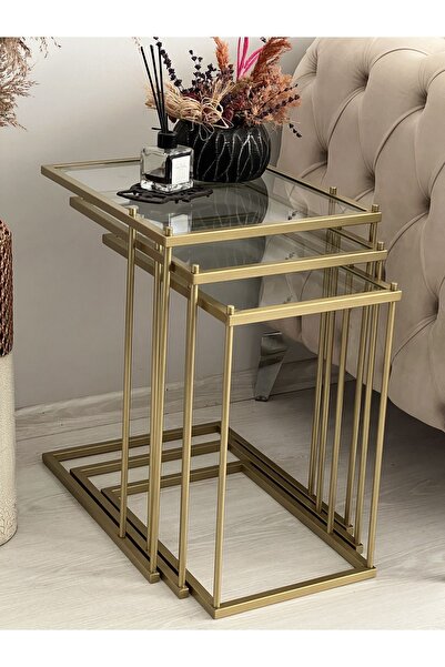 AssuCasa Brad 3'lü Metal Zigon C Sehpa Gold-Şeffaf