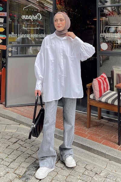 lamelif Λευκό πουκάμισο Oversize - Λεπτομέρεια με δέσιμο στο μανίκι