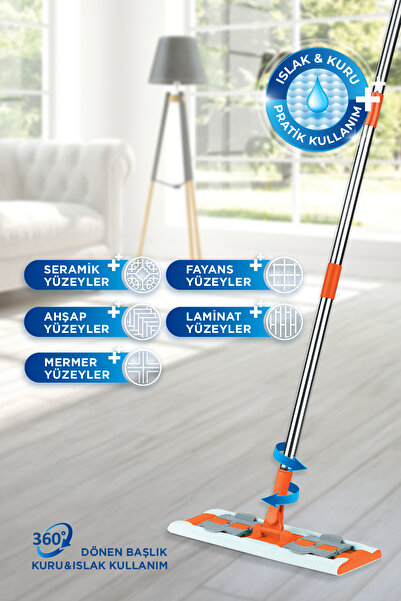 MACRO MAX Famous+ Düz Mop Yer Temizlik Sistemi, Islak ve Kuru Kullanım, 360 Döner Başlıklı Pratik Paspas