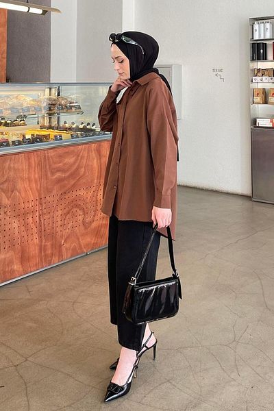 lamelif Риза с един джоб, детайлна, голям размер, горчиво кафява