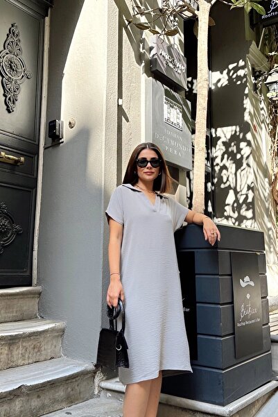 NEW LAVİVA Women's Gray Midi Length Polo Neck Aerobin Dress - 700-2883