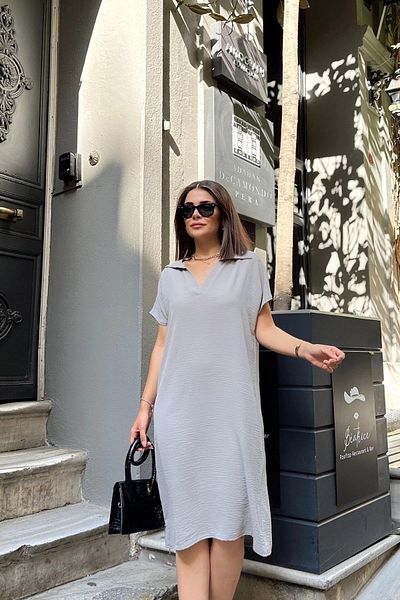 NEW LAVİVA Women's Gray Midi Length Polo Neck Aerobin Dress - 700-2883