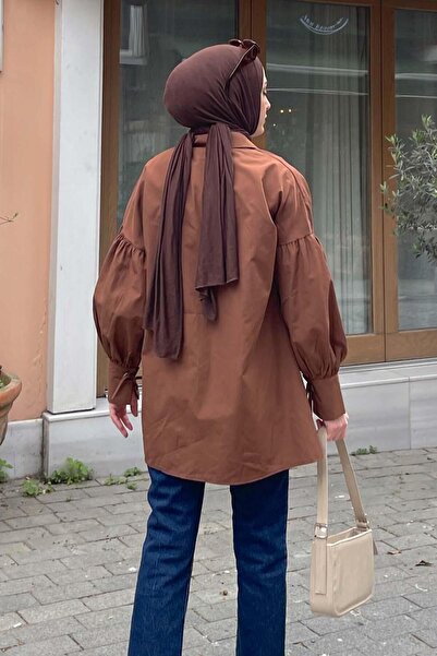 lamelif Oversize Shirt with Sleeve Tie Detail Bitter Brown