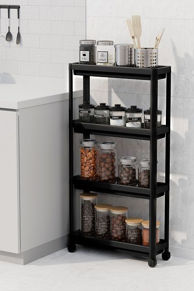 Frapan Home وحدة رفوف دوارة 4 طبقات رف مطبخ رف حمام منظم حمام منظم مساحة ضيقة أسود