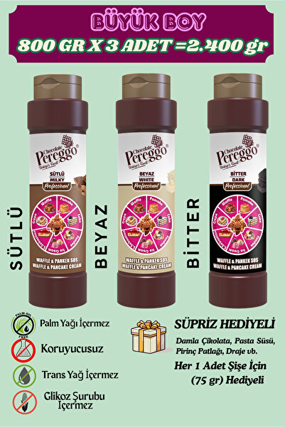 PEREGGO CHOCOLATE 3'Lü Set Waffle,Pankek,Krep,San Sebastian, Kruvasan, Fondü Sos 3x800gr (Sütlü,Beyaz,Bitter)