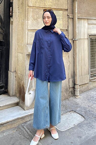 lamelif Tek Cep Detaylı Oversize Gömlek Lacivert