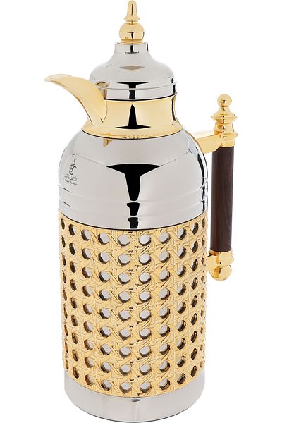 Alsaif Gallery Sarah Nickel Dark Wooden Thermos Set With Gold Handle, Two Pieces