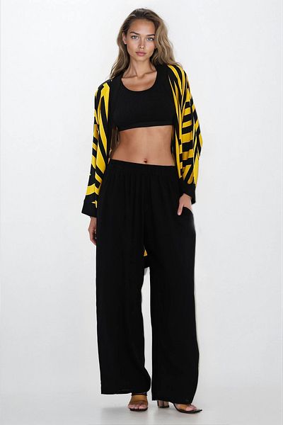 VAGGON Pantaloni galbeni pentru femei, cu buzunare duble, cu talie elastică și set de 3 piese kimono Vs00294