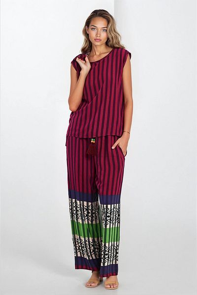 VAGGON Bluză fără mâneci cu decolteu roșu Claret pentru femei, pantaloni elastici și costum kimono de mărime mare Vs00284