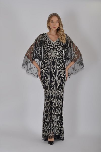 GATSBYLADY LONDON IDA Cape Sleeves Maxi Dress in Black