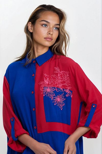 VAGGON Γυναικείο μπλε πουκάμισο με γιακά Color Block Flower Κεντημένο Plus Size Πουκάμισο Φόρεμα Vs00341