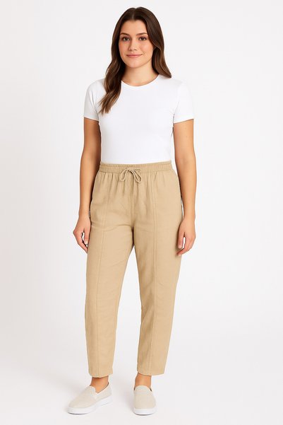 FATELLA Women's Beige Linen Blend Relaxed Cut Hambez Trousers