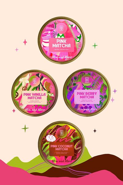 Mim and More Pink Matcha Set of 4 - Pure, Vanilla, Blackberry and Coconut Flavored Pink Matcha Set of 4
