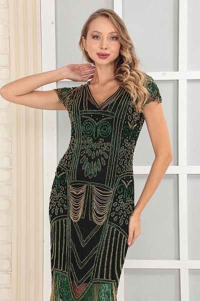 GATSBYLADY LONDON Geneva Fringe Dress In Black Multi