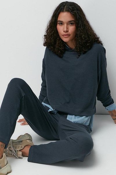 C&City Ribbed Hooded Sweatshirt Trousers Set 9131 Smoked