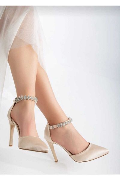 Zenvea Beige Satin Stone Banded Orthopedic Graduation Office Evening Dress Night Stylish Heeled Shoes