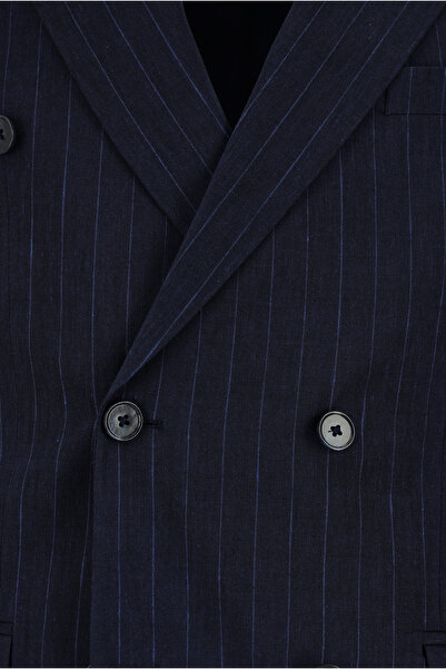 Abdullah Kiğılı Regular Fit Keten Çizgili Kruvaze Takım Elbise