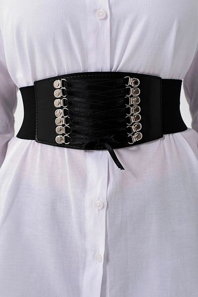 WOMAN VISION Corset cu detaliu din cauciuc flexibil pentru femei, cu detaliu din dantelă din piele artificială, curea lată neagră 1029