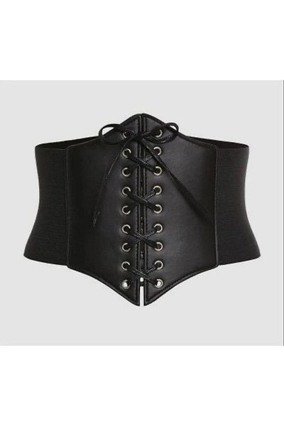 WOMAN VISION Curea neagră din piele artificială - Detaliu flexibil, elastic și cu ochi, șireturi 1482