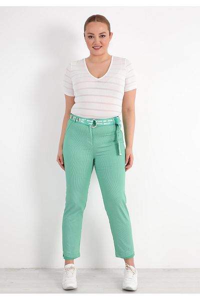 EXİTLİNE Women's Summer Striped Fabric Belted Green Trousers