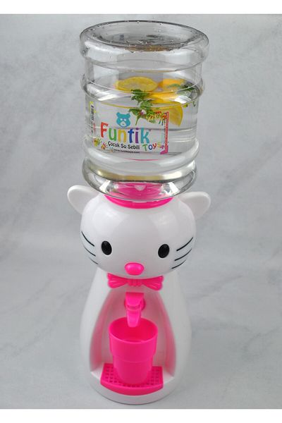 Funtik Leakproof Water Dispenser for Children with White Pink Cat Figure 1.9 Liter Large Size Cup 50 cm