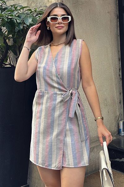 NEW LAVİVA Women's Anthracite Striped Double Breasted Collar Covered Lace-Up Linen Short Jumpsuit - 700-3409