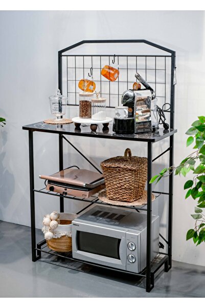 TOPRAK E-TİCARET Mutfak Bangosu Siyah Mermer Desen Çok Amaçlı Dekoratif Bar Masa Metal Kahve Köşesi