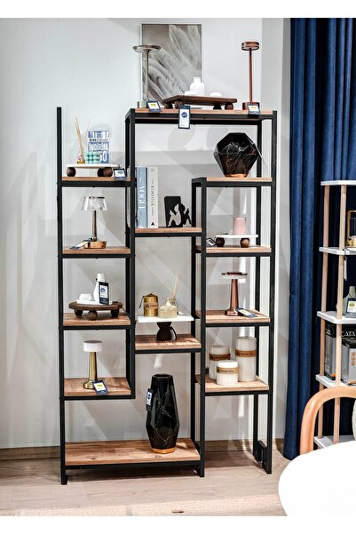 toprakhome Çam Rengi 12 Ahşaplı Metal Kitaplık Çok Amaçlı Dekoratif Stand Sal...