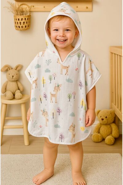 JUNİPERUS Organik %100 Pamuk Müslin Kapşonlu Plaj Çocuk Bebek Panço Bornoz Banyo Havlu 9 Yaşa Kadar