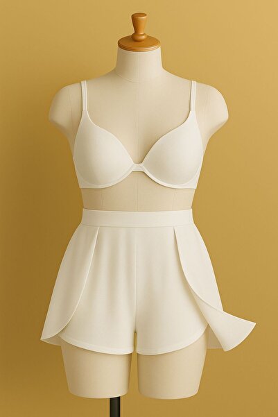 Stail Moda Kadın Beyaz Dalgıç Kumaş Astali Yırtmaçlı Etek Görünümlü Şık Deniz...