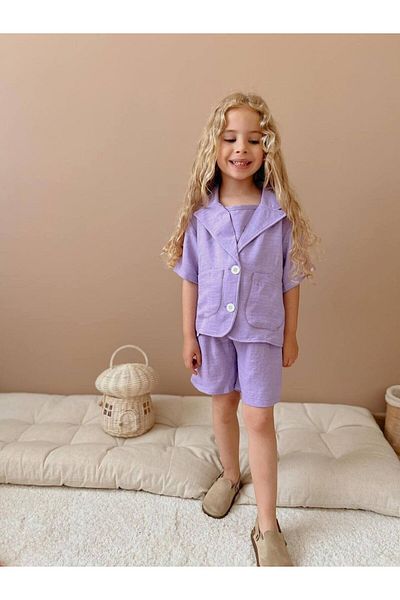 Yalçınoğlu Kids Linen Casual Suit I Summer Shorts Girls' Combination I Girls' Summer Suit 3-Piece