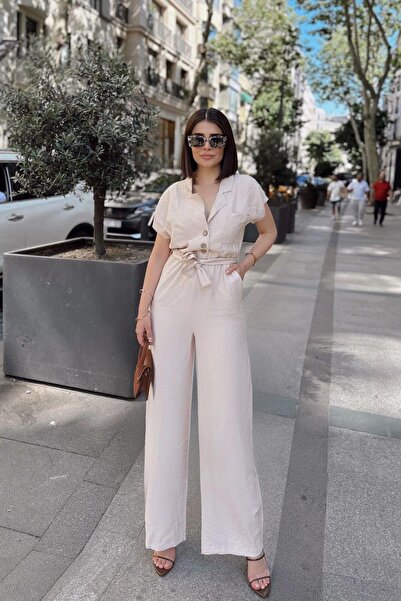 NEW LAVİVA Women's Stone Jacket Collar Wide Leg Linen Jumpsuit - 700-3405