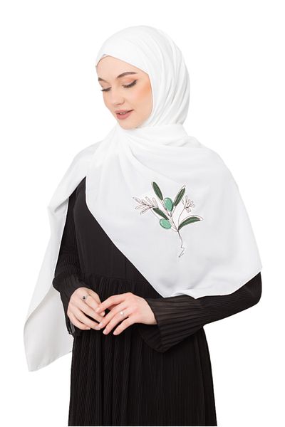 Zaytoon Polyster White Color Shawl Palestinian Olive Branch Colorful Embroidered S 100030
