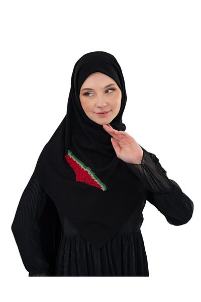 Zaytoon Polyster Black Color Shawl Palestinian Map Embroidered with Watermelon Colors S100033