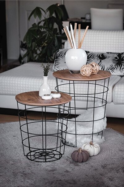 TOPRAK E-TİCARET Orta Sehpa 2li Zigon Metal Sepet Ahşap Sehpa Siyah Uynev9006...