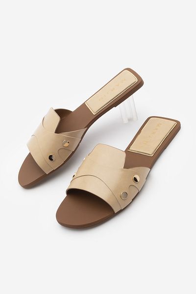 Marjin Women's Gold Studded Banded Casual Slippers Vimase Beige