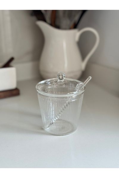 Dekorzdükkan Glass Striped Model Sugar Bowl with Spoon