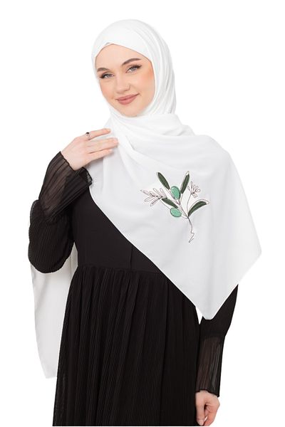Zaytoon Polyster White Color Shawl Palestinian Olive Branch Colorful Embroidered S 100030